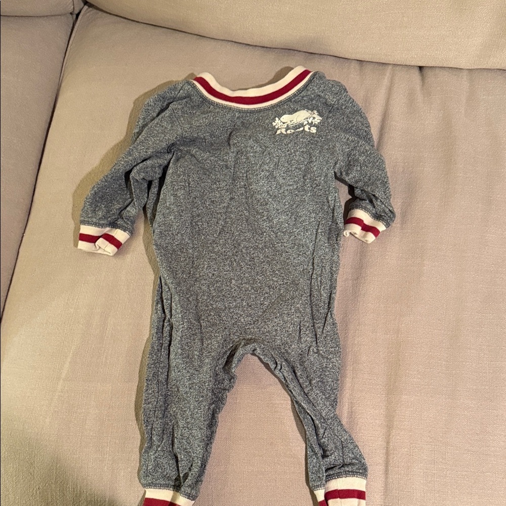 Roots Gray Baby Footie with Red-Trim Collar & Cuffs
